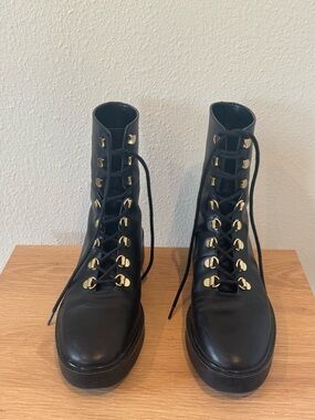 Stuart Weitzman Black Lace-Up Platform Ankle Boots with Gold Eyelets